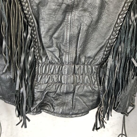 Black Leather Jacket Womens M Moto Fringe Scrolls Braids Biker Whimsigoth Rock - Picture 13 of 16